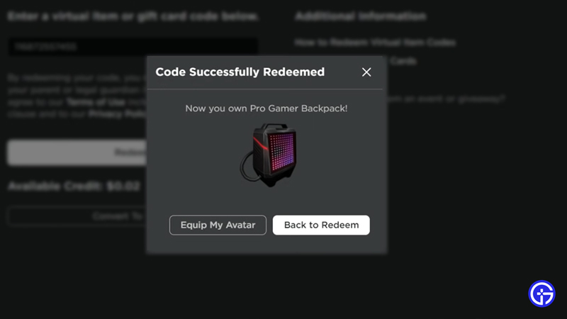 backpack redeem roblox