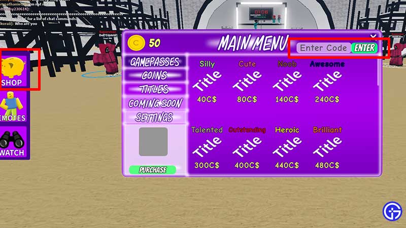 how to redeem codes in roblox squid game minigames