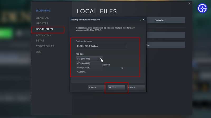 how to create backup files steam