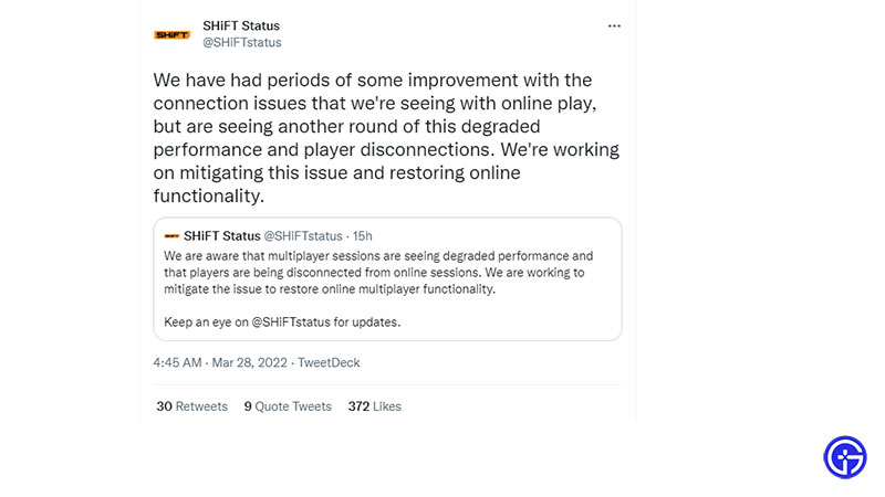tiny tina wonderlands shift tweet network error