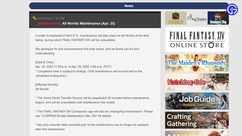 ffxiv maintenance schedule timer