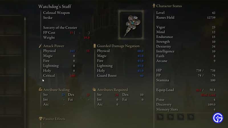 Watchdogs Staff in Elden Ring Stats and Attributes