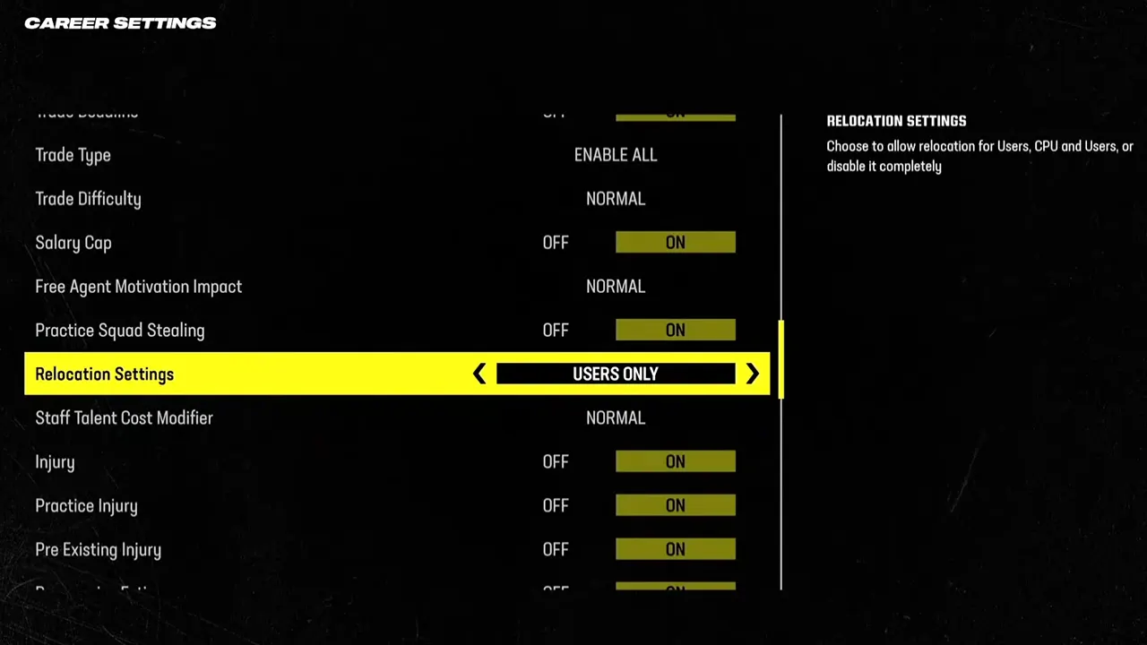 Madden 24 Relocation Settings