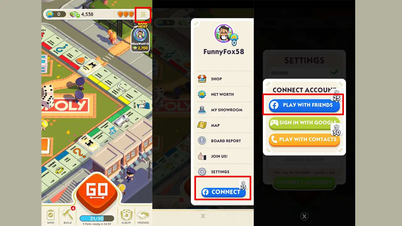 how to connect account monopoly go 