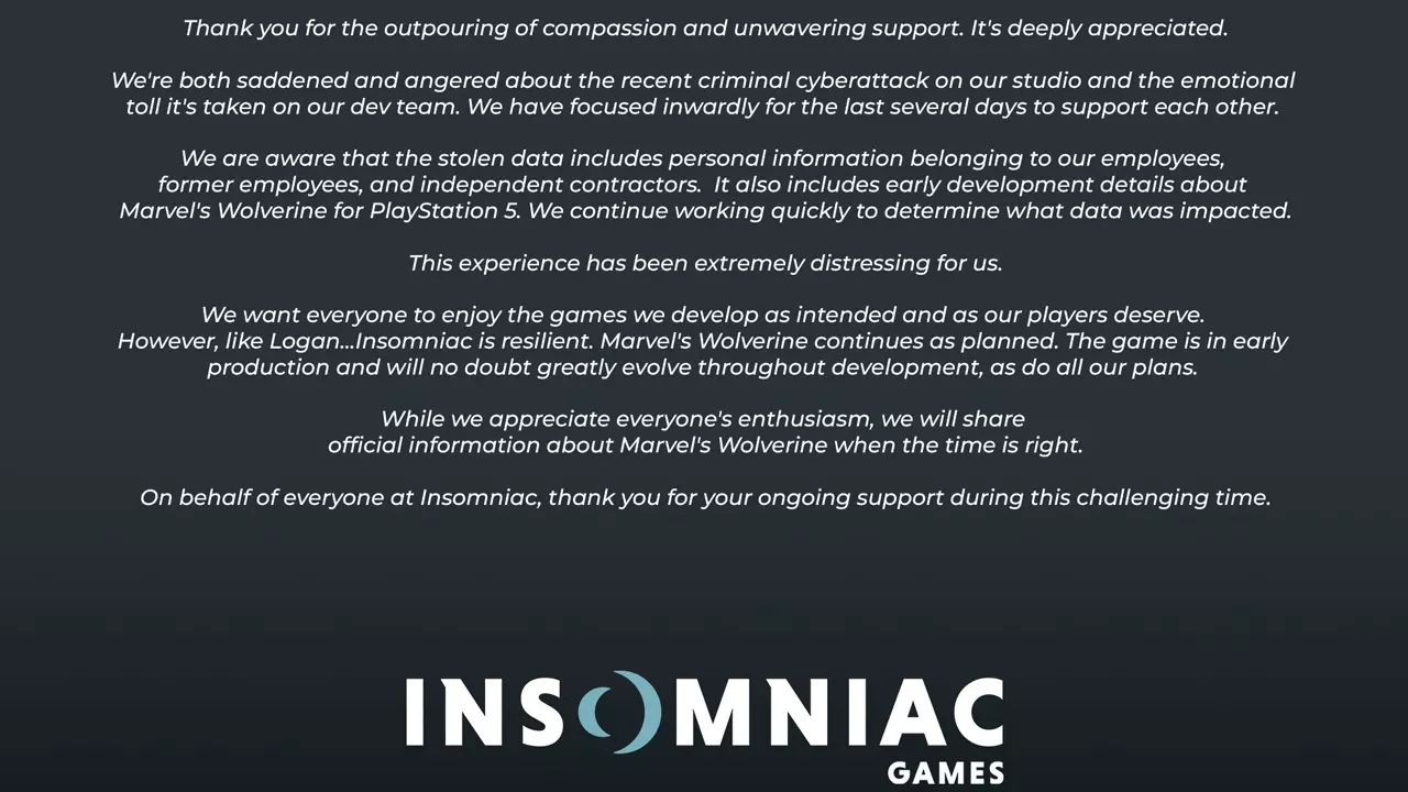 Insomniac Games update regarding Marvel's Wolverine Leak