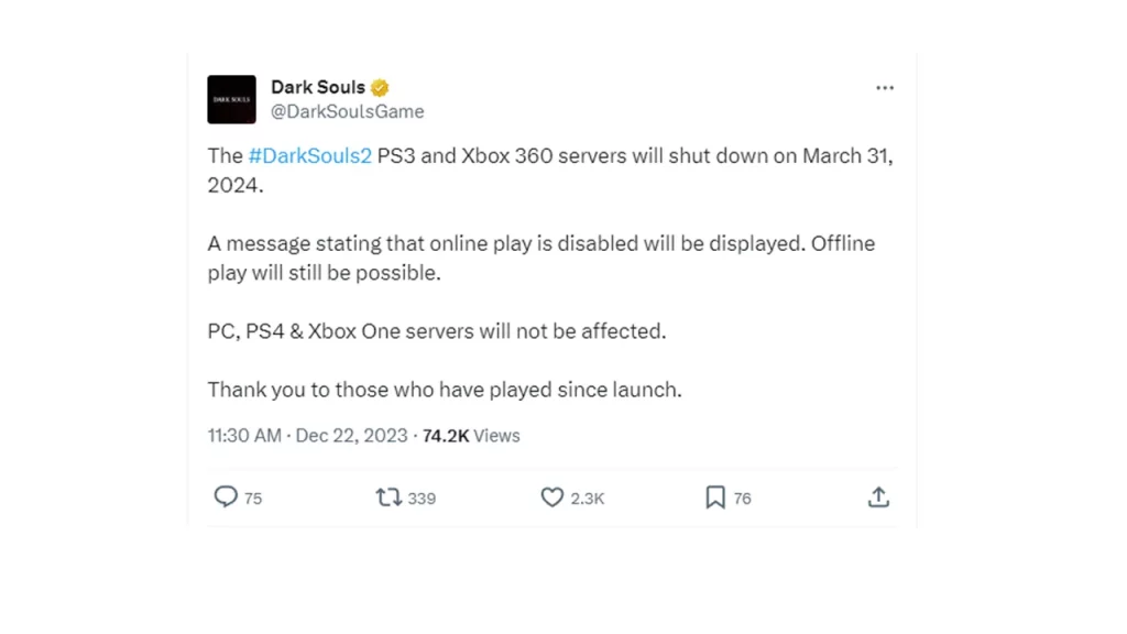 dark souls 2 devs announce server shut down