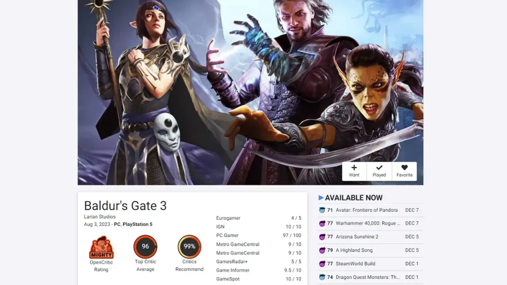 opencritic ratings for bg3