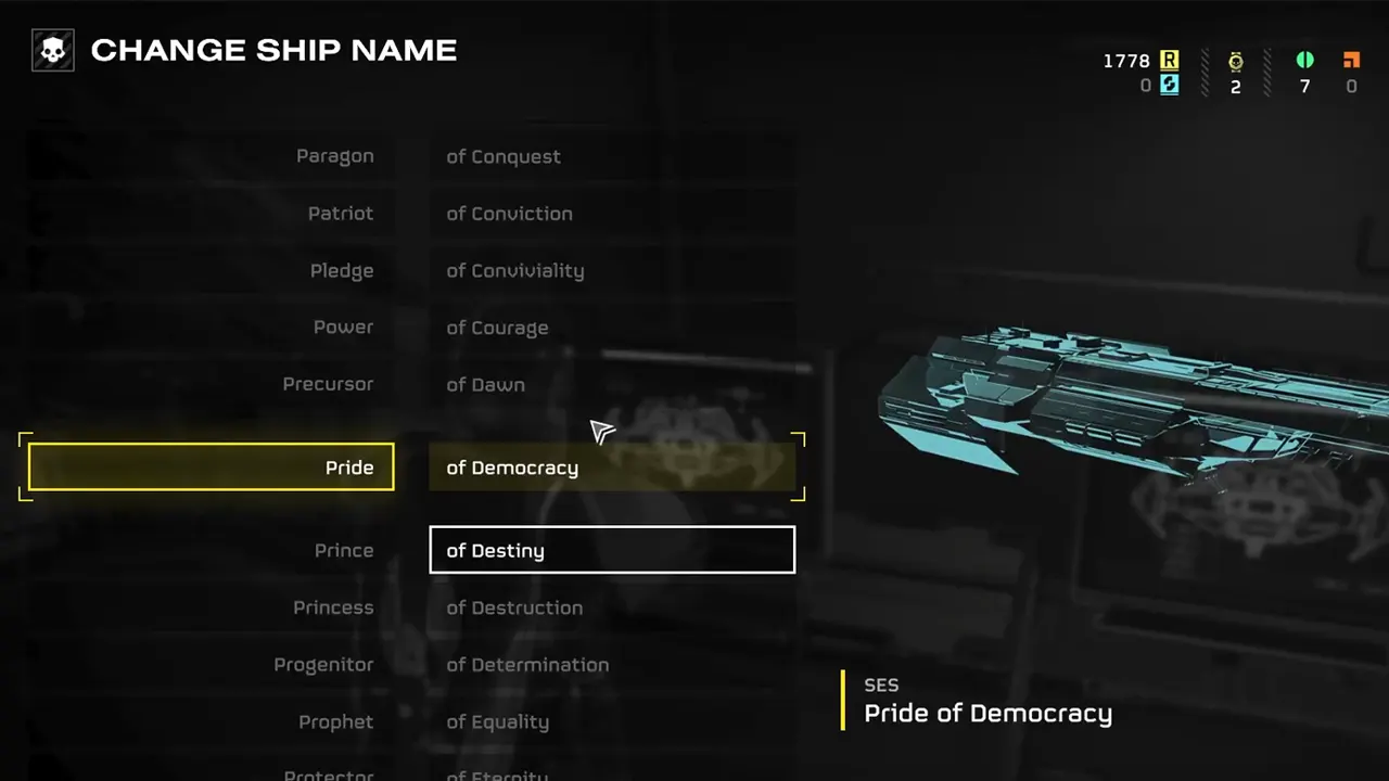 You can choose the name you want for your ship by selecting it from this list in Helldivers 2