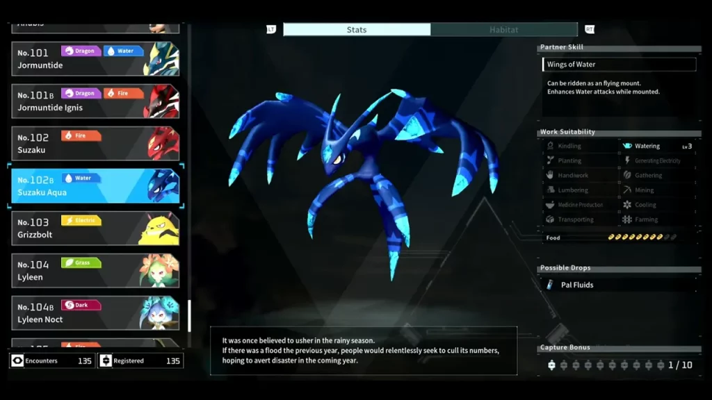 Suzaku Aqua is a rare Water-type Pal in Palworld