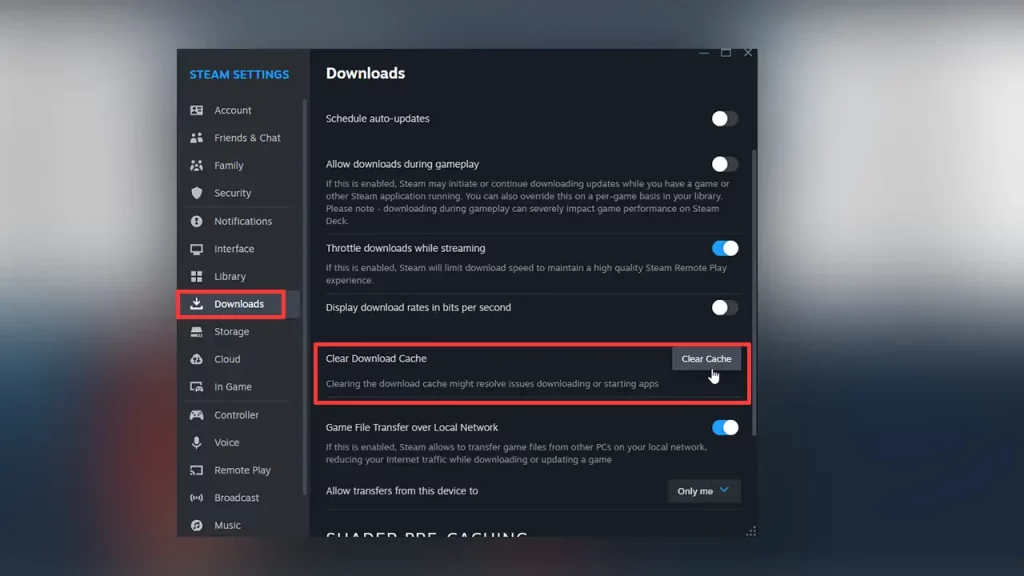 clear steam download cache to fix Steam Disk Write Error