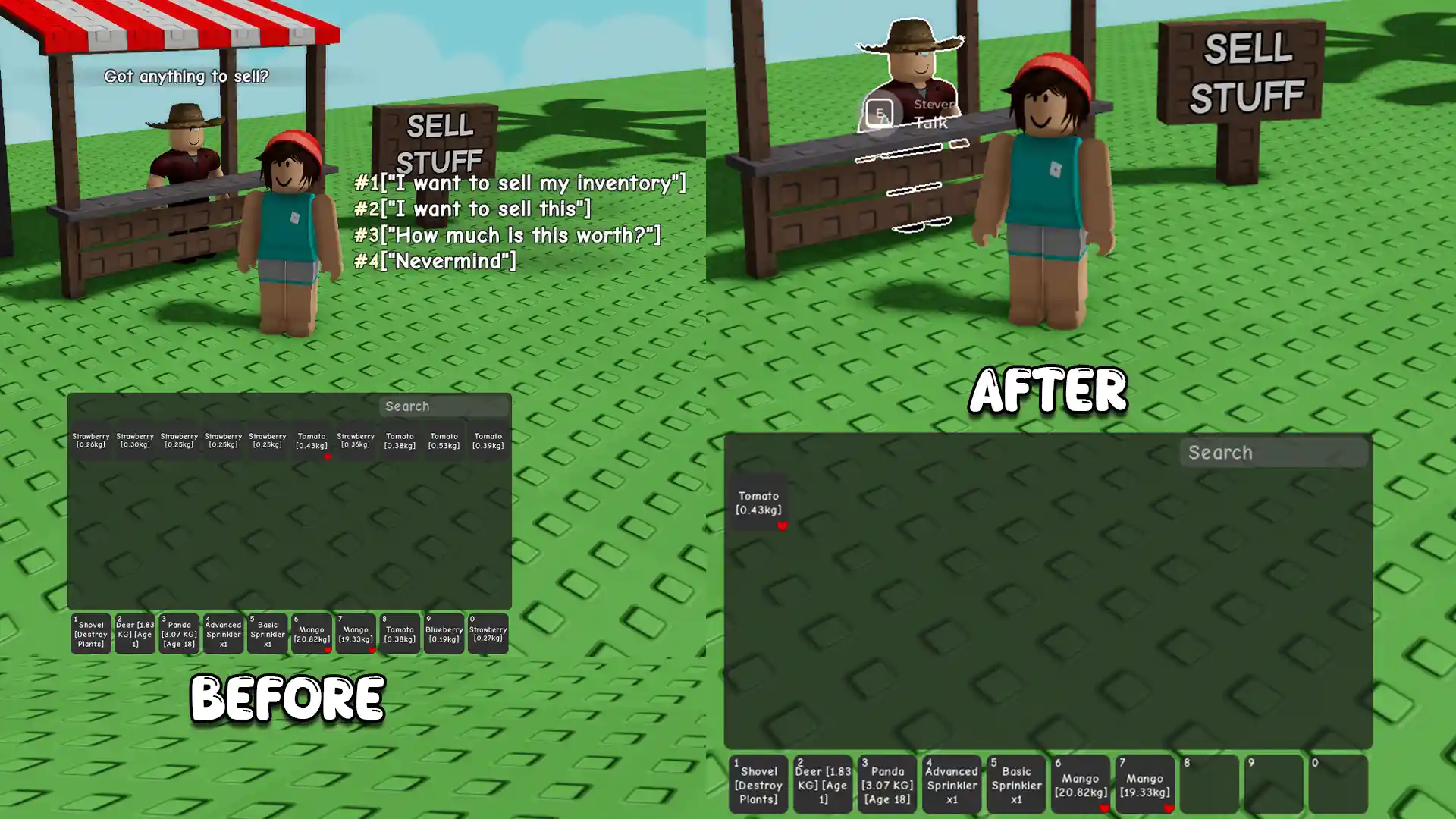 before after selling inventory with favorite in grow a garden
