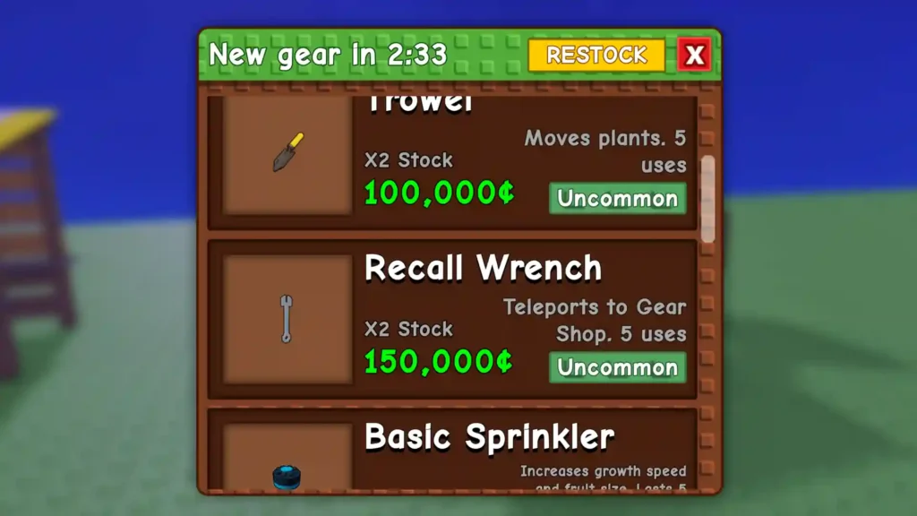 recall wrench to teleport to gear shop grow garden
