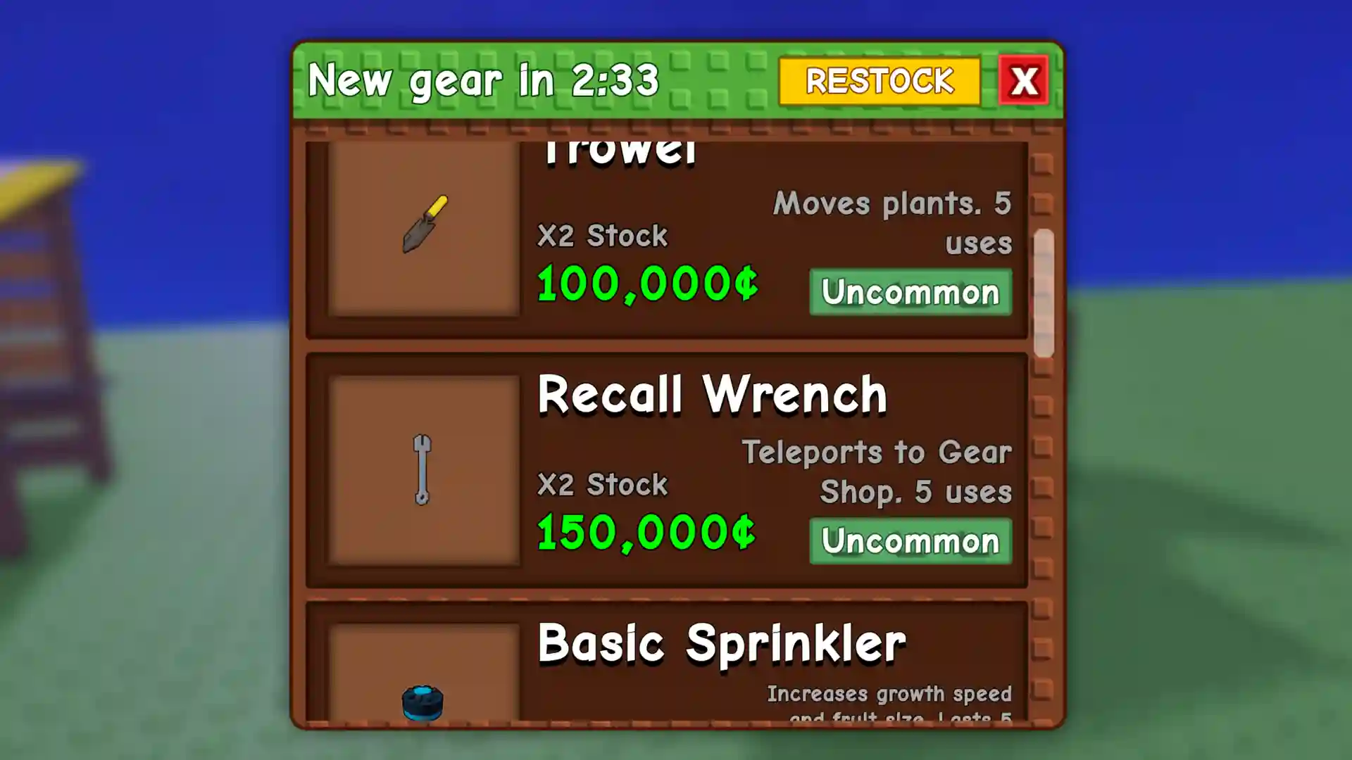 recall wrench to teleport to gear shop grow garden