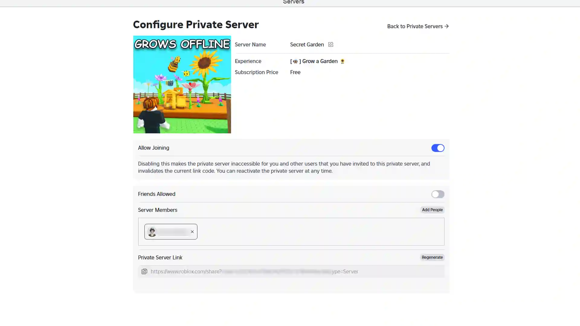 configure private server grow garden