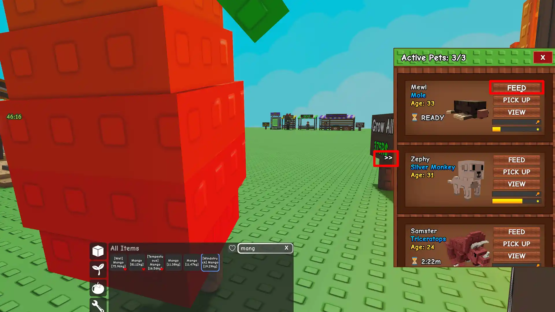 feed pets to level up in grow garden