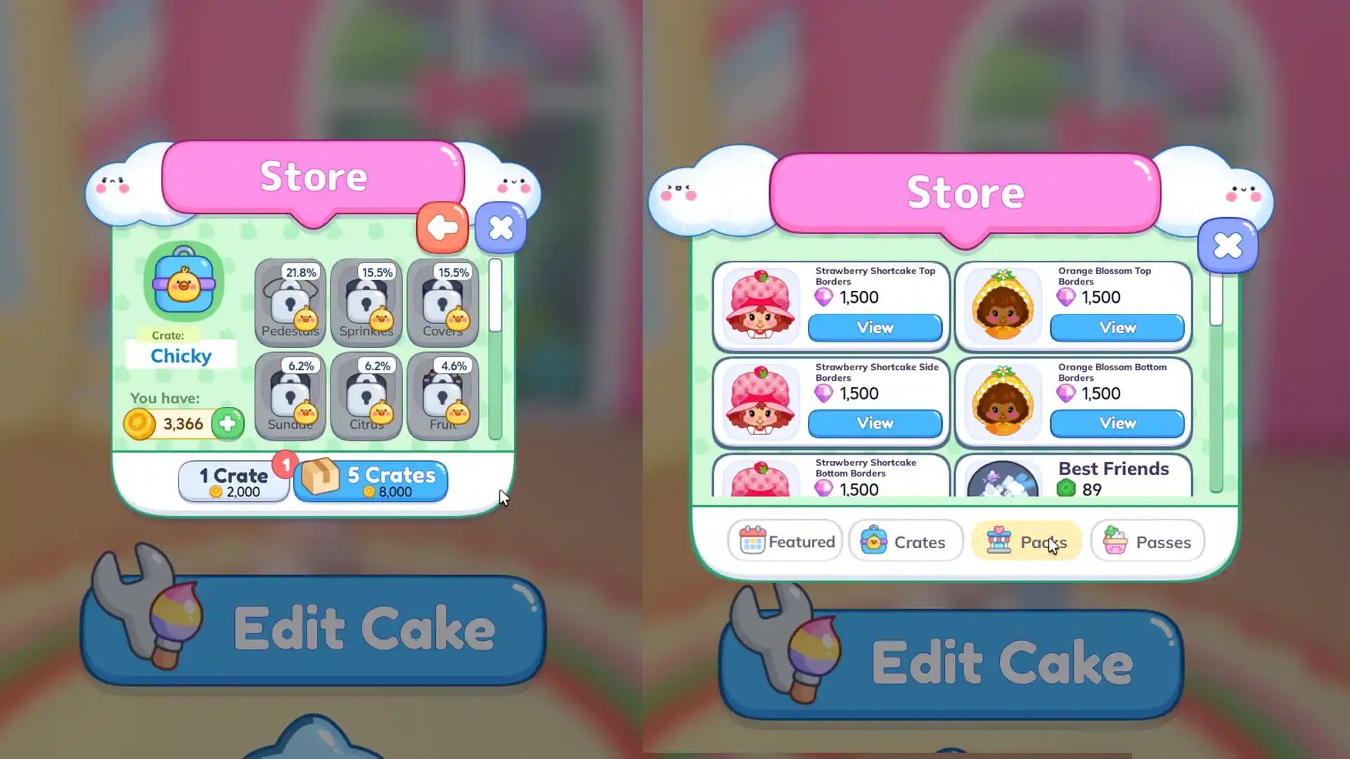 coins and gems for crates and packs in cake off