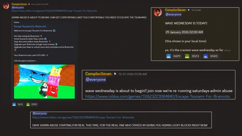 escape tsunami brainrot discord admin abuse announcement