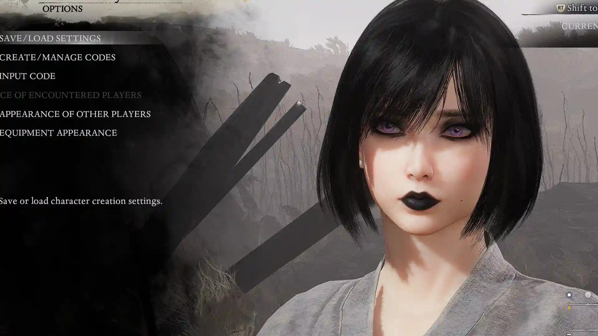 ojos morados cabello negro código nioh 3 cc
