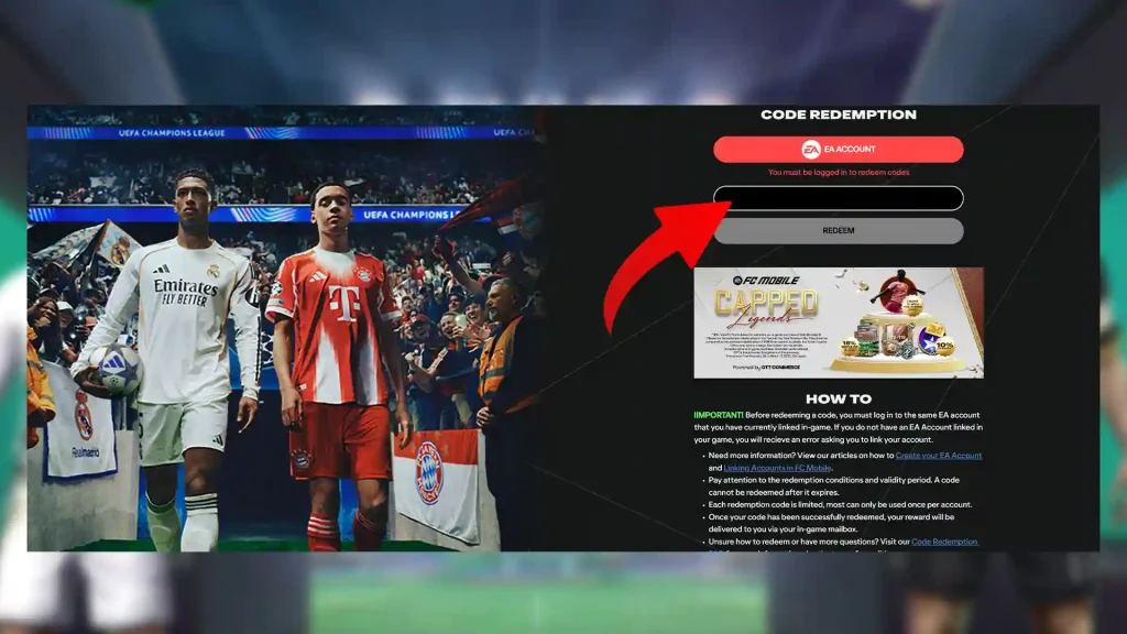 log in ea account to redeem fc mobile codes